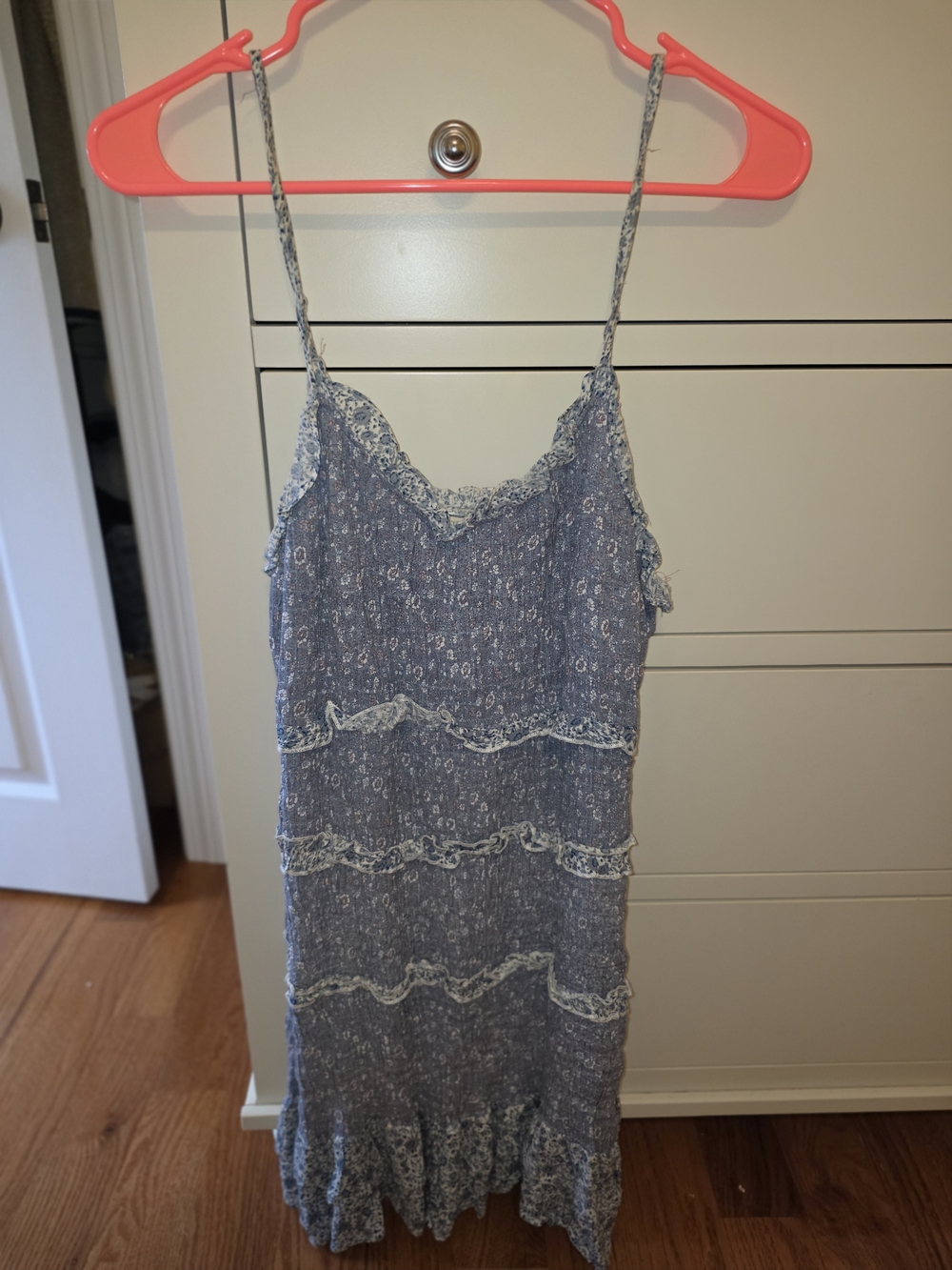 Blue Floral Ruffle Spaghetti Dress